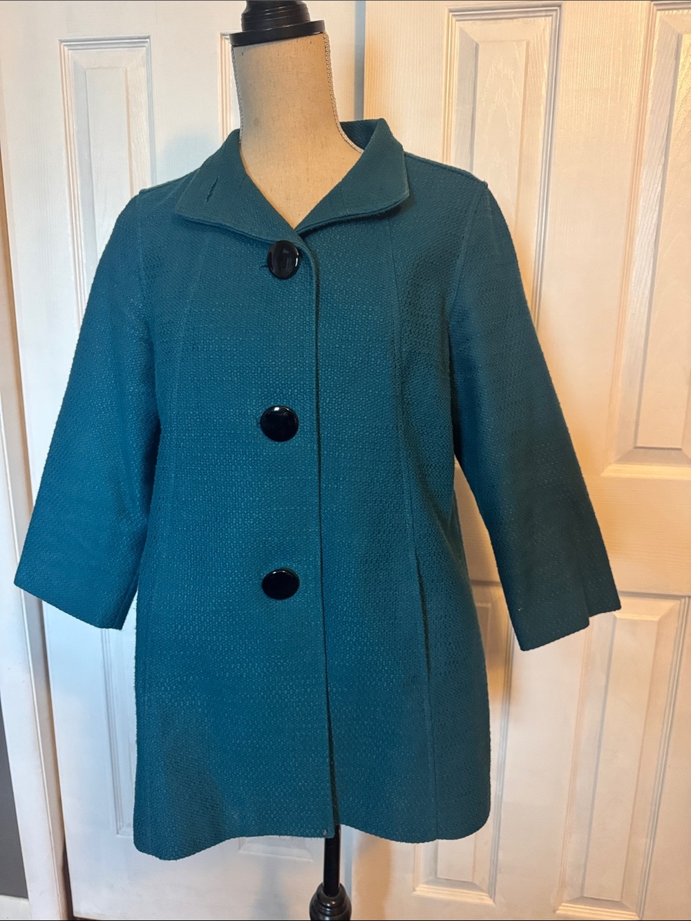 Amber Sun Textured Teal Peacoat - Big Black Buttons, Mod/Tweed Vibe, Size M